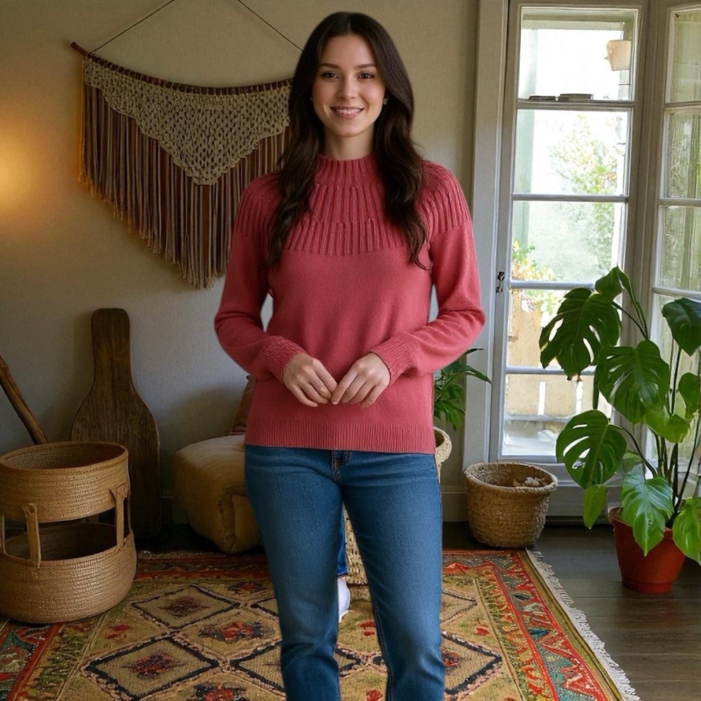 Anthropologie Welford Ribbed Yoke Mock Neck Pullover Sweater Salmon PInk Size S